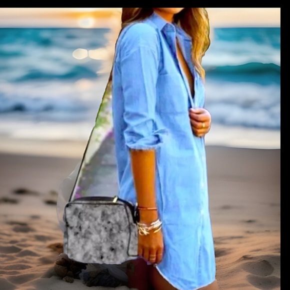 Demin Beach Collar Button Up Roll Up Sleeves Long Dress Shirt - Picture 5 of 9